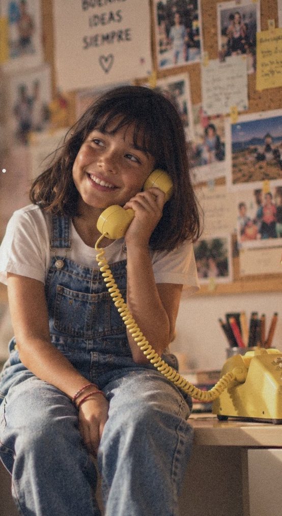 Una niña con overol habla feliz por su Koto